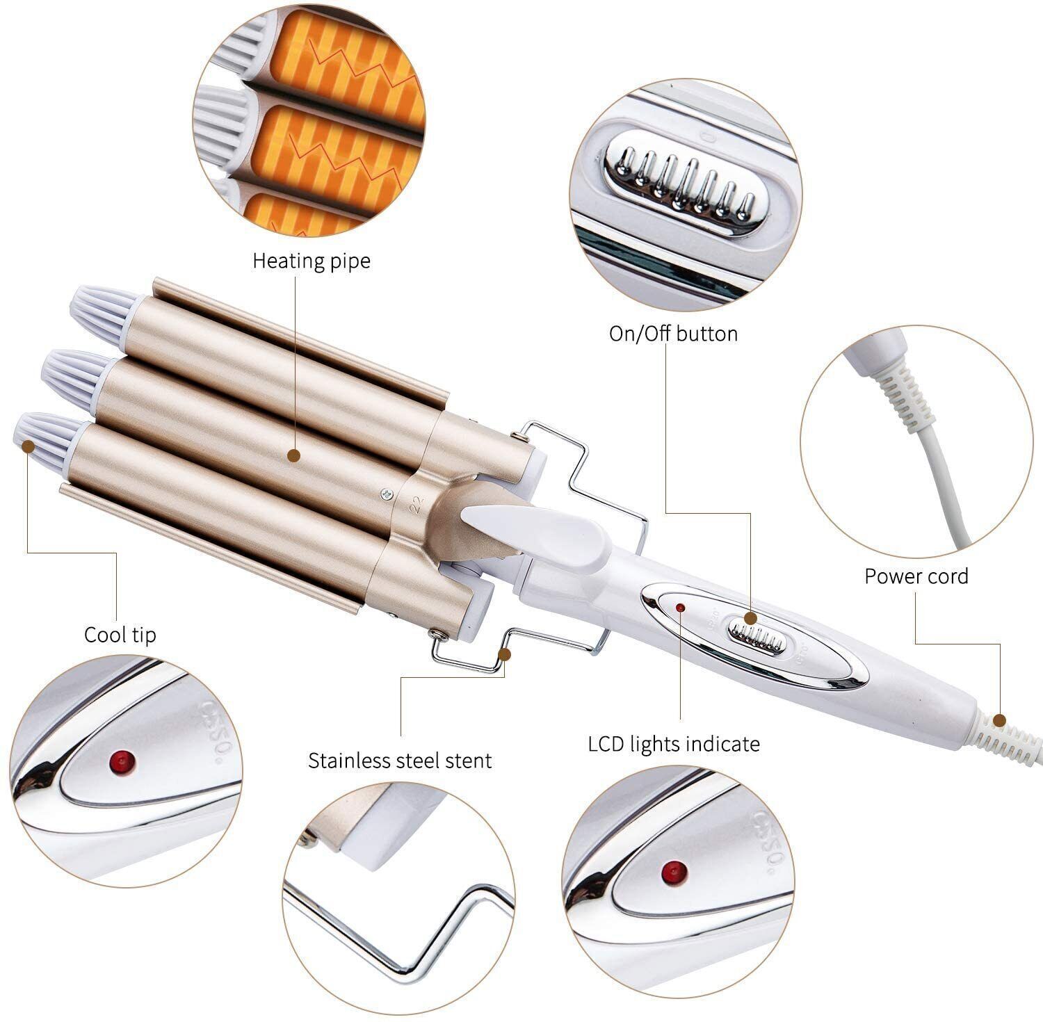 3 Barrel Ceramic Hair Waver Curler Mermaid Curling Wand Tongs Beach