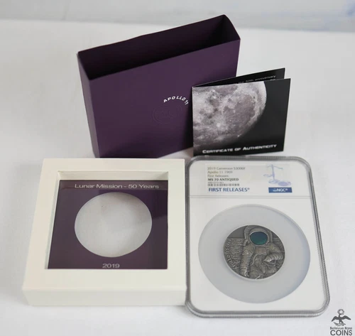 2020 Cameroon .925 Silver 93.3g Coin APOLLO 11 1969 NGC MS70 Antiqued+ COA & Box