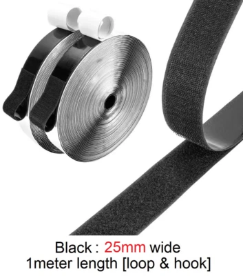 VELCRO SELF ADHESIVE Stick on Tape HOOK & LOOP CLOSURE Sticky Strips - Black 25mm x 1m