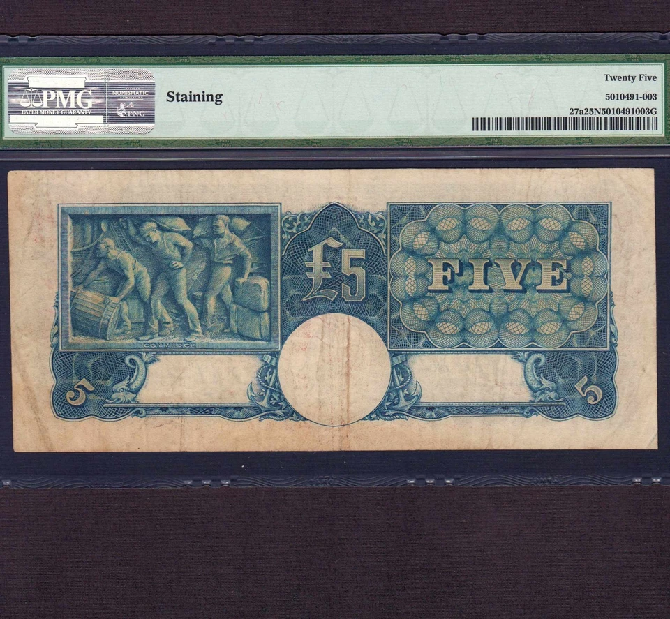 Australia 5 Pounds 1939 P-27a * PMG VF 25 net * Blue Signature *  - Image 2 of 2