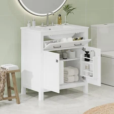 30" Bathroom Vanity w/ Ceramic Sink, Freestanding Vanity Storage Cabinet, Drawer