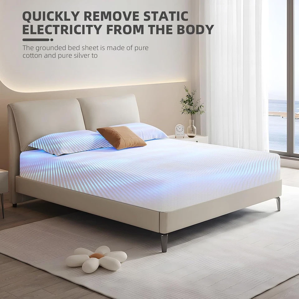 Juego de sábanas planas de puesta a tierra de algodón blanco 10 % fibra plateada Foto 3 de 4