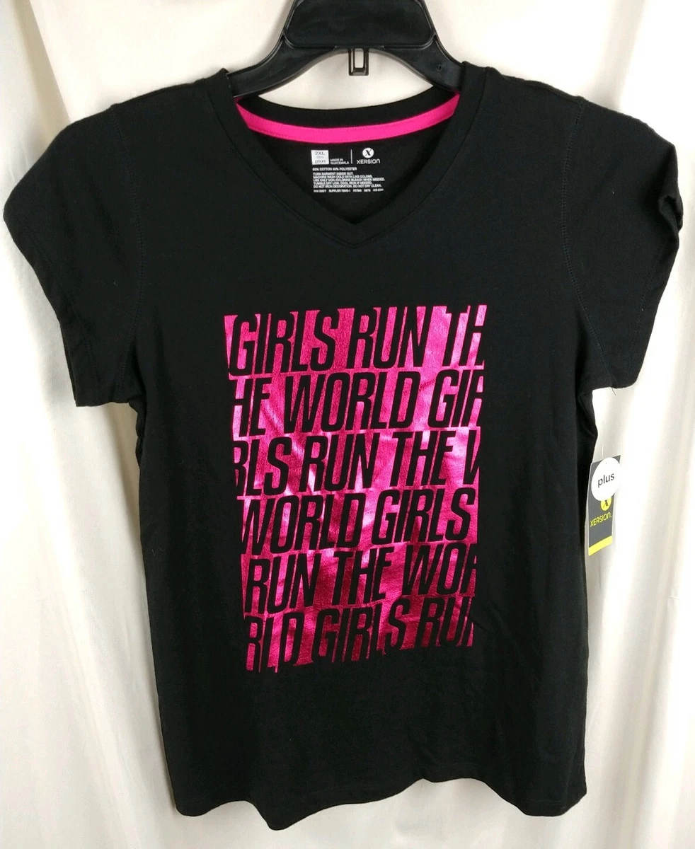 Girls Run The World Black And Neon Foil Pink T-shirt Xersion Plus XL 18.5  18 1/2