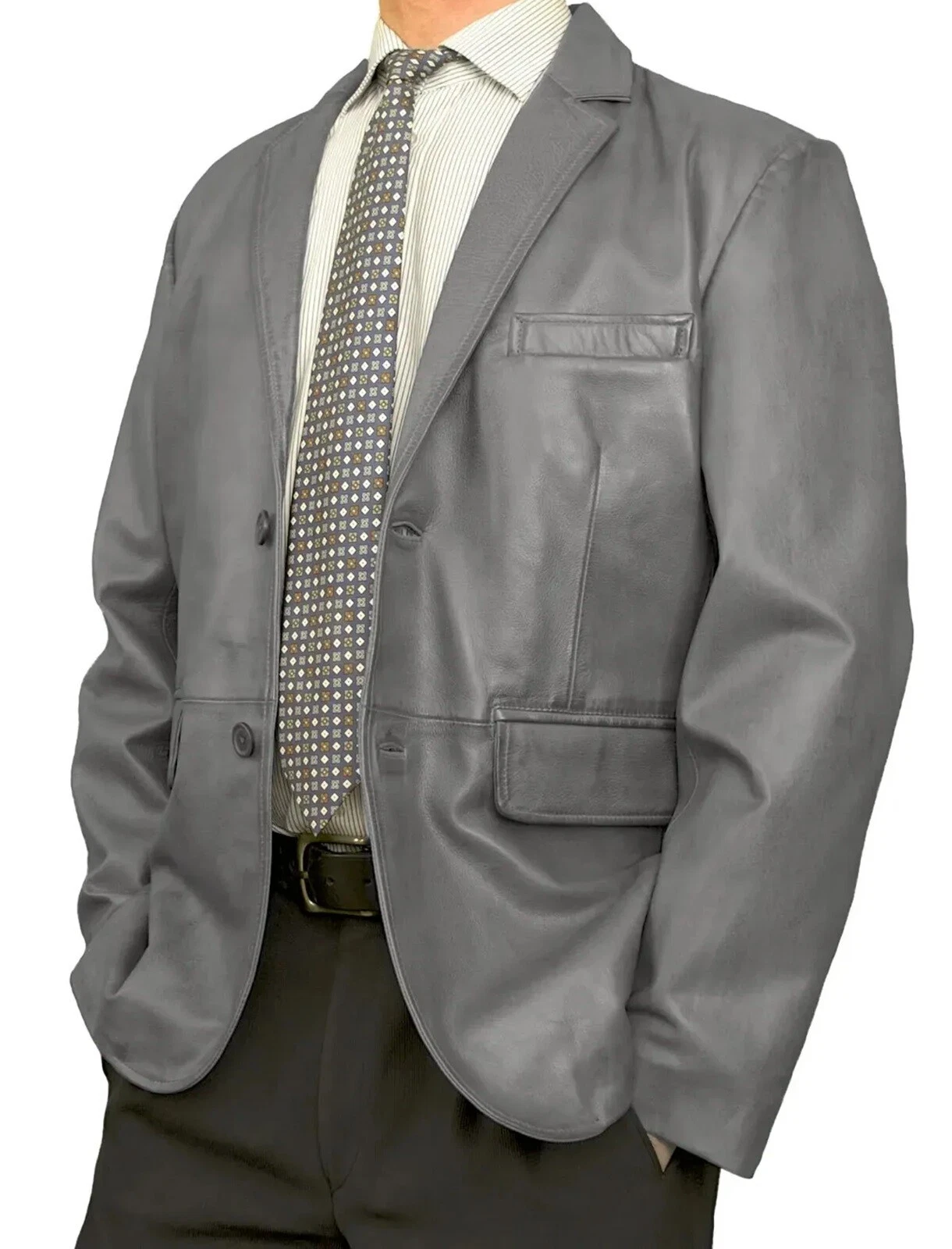 Men's Gray 100% Genuine Lambskin Leather Blazer Two Button Jacket Stylish Coat