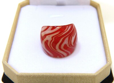 Chunky BoHo Red & White ''Zebra'' Swirl Hand Blown Glass Bling Ring - Size 6.25