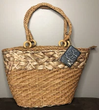 Sun N Sand Tote Purse Straw Woven Beach Bag Zipper Natural Handmade Tropical