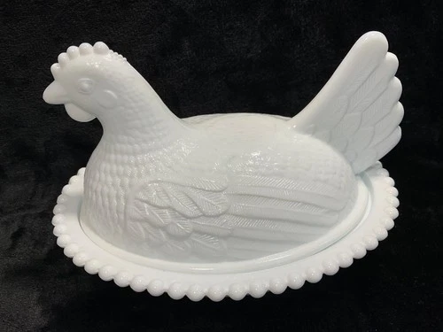 Vintage Indiana White Milk Glass Hen On A Nest Covered Candy Dish 7" Chicken