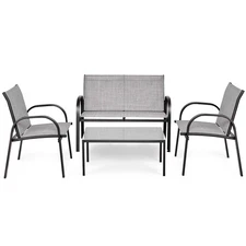 Patiojoy 4PCS Patio Furniture Set Sofa Coffee Table Steel Frame Garden Deck Gray