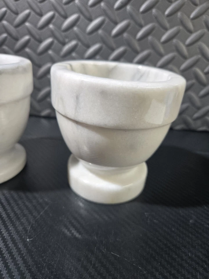 Lot Of (2) Vintage White/Grey Solid Marble Apothecary Mortars 4" - Image 2 of 4