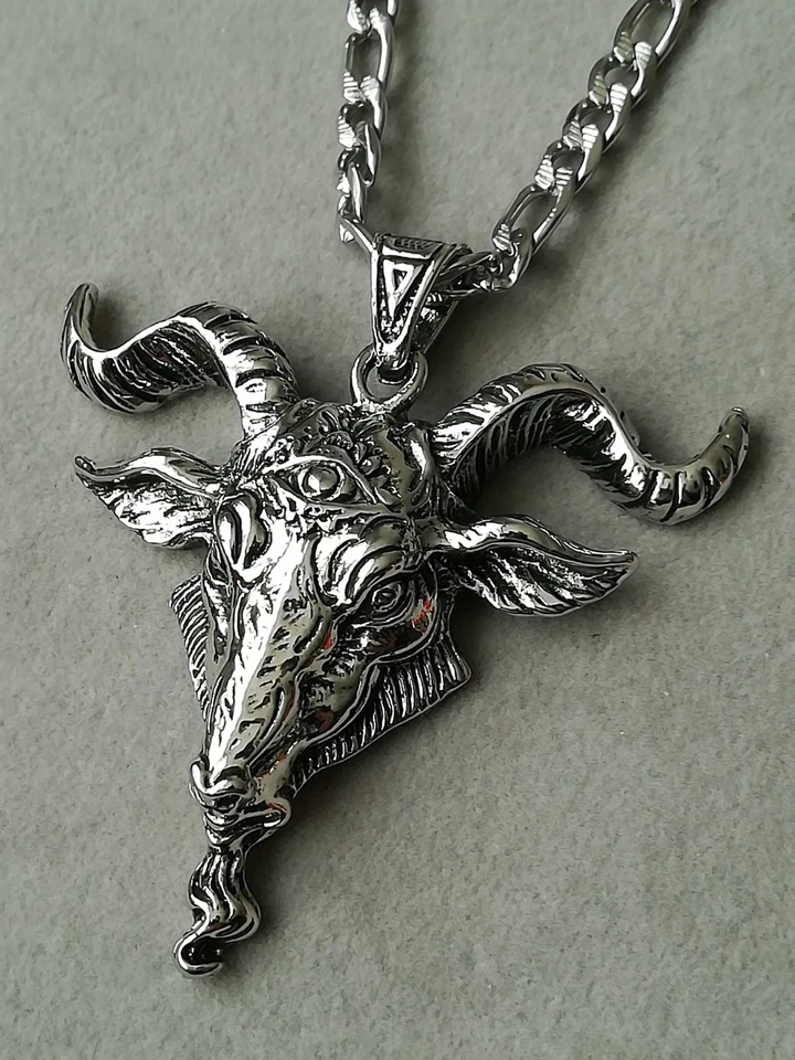 Baphomet Anhänger Mit Halskette Silber Pentagramm Ziege Ziegenkopf Hörner Satan - Bild 3 von 4