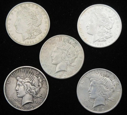 LOT OF 5 US 90% SILVER MORGAN PEACE DOLLARS MIXED DATES NO RESERVE NR!