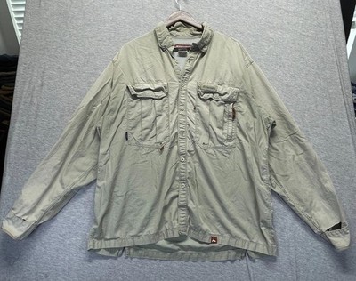 Simms Fishing Shirt Mens XL Beige Cotton Logo Mesh Lined Vented Back Button Up