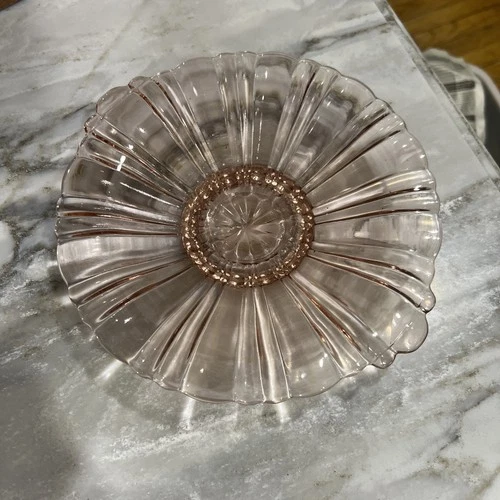 Pink depression glass dish, 8”