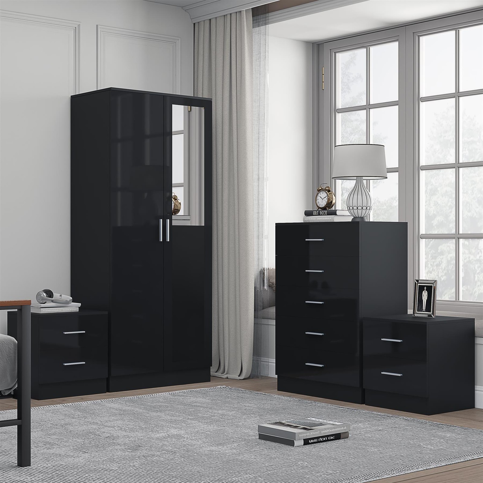 REFLECT 2dr Mirror + Chest of Drawers + 2x Bedsides - Black/Black - Image 3