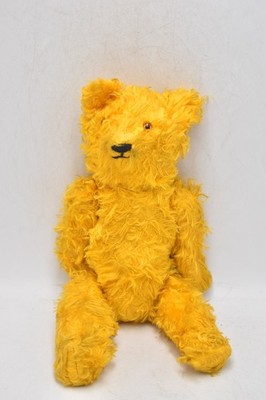 Vintage 50er Jahre leuchtend gelber Seidenplüsch Teddybär Stab verbunden 30 cm Nachkrieg