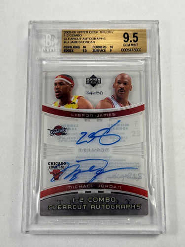 MICHAEL JORDAN / LEBRON JAMES 2005 UPPER DECK TRILOGY DUAL AUTO /50 BGS 9.5 GEM