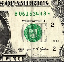 2021 B Star note  1 dollar bill Regular Run