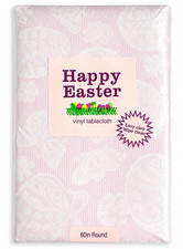 Easter Vinyl Tablecloth 60" Round Pink Bunny Eggs Butterflies Flannel Back