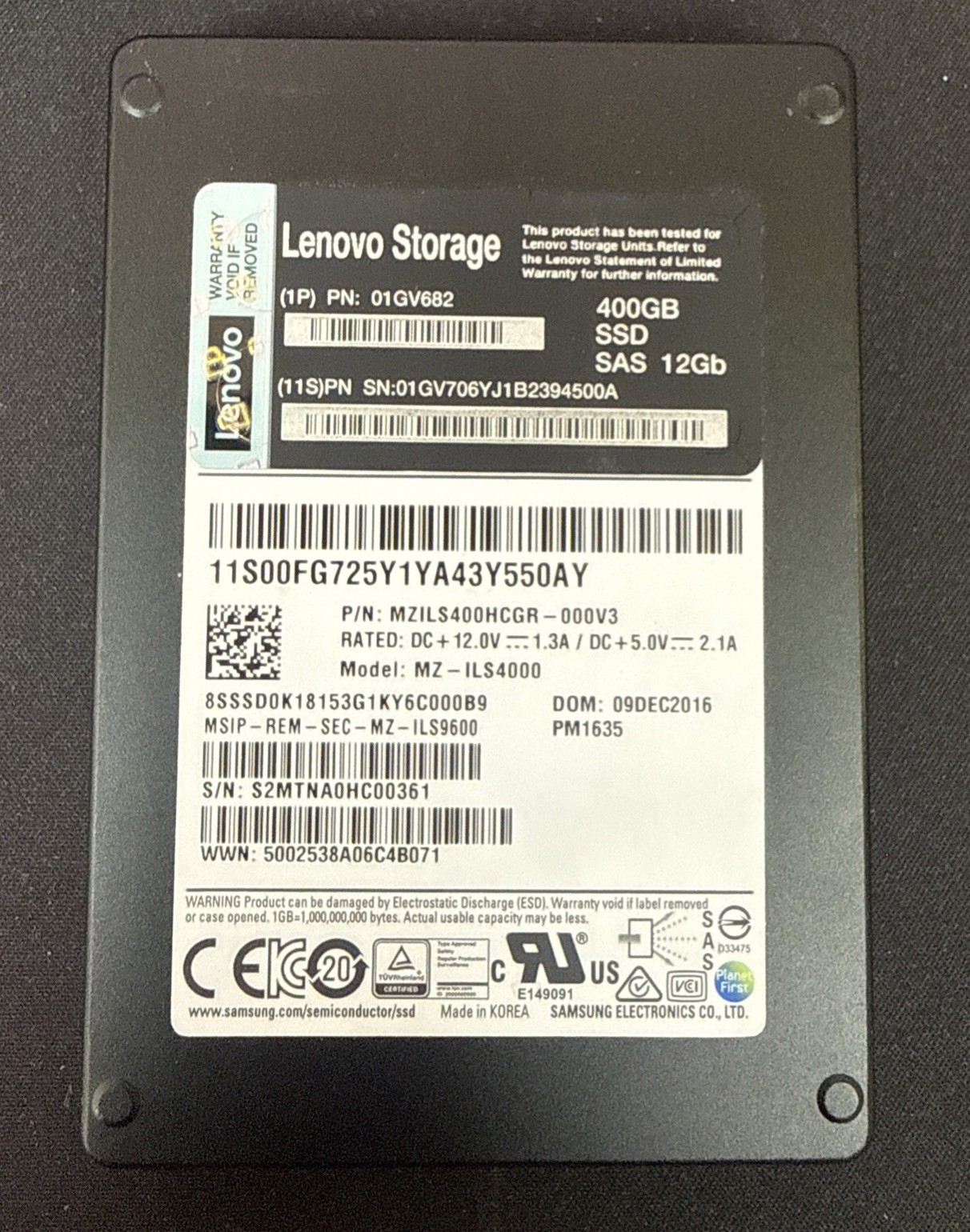Lenovo 400GB 2.5" 12Gb/s SAS Server SSD - 01GV682 01GV706 MZ-ILS4000 PM1635