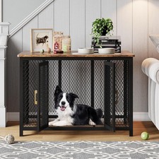 48" Large Dog Crate Heavy Duty Metal/Wooden Indoor Kennel, Top Opening  2 Doors