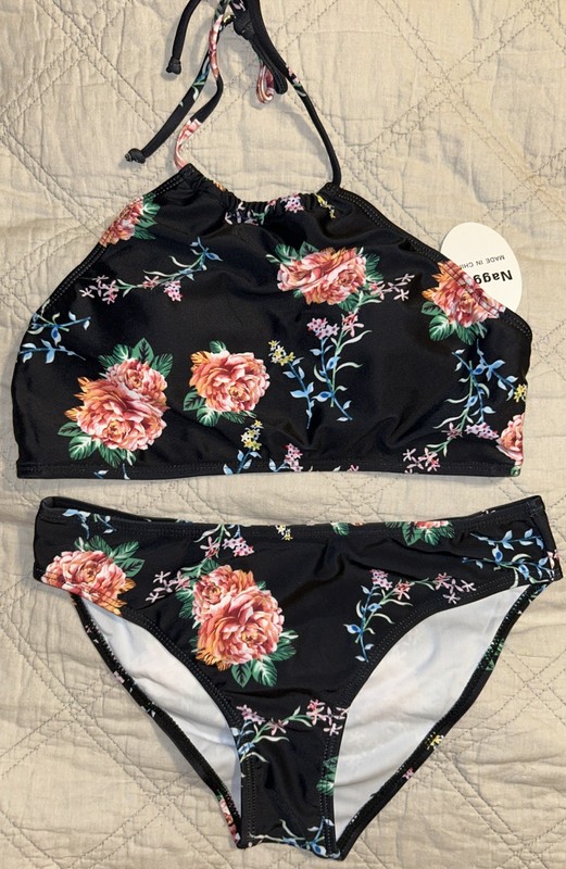 NWT Naggoo Girls Small Bikini  Foral Black