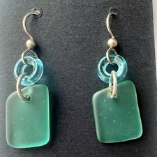 925 Sterling Silver Sea Glass Dangle Earrings Teal Blue Green Frosted Rectangle