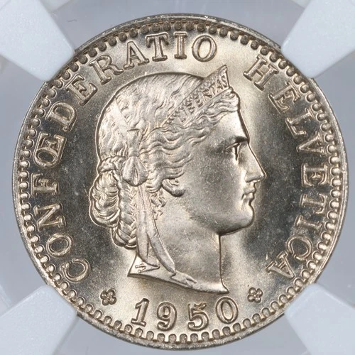 1950-B Switzerland 20 Rappen - NGC MS66