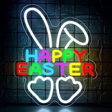 Easter Neon Signs for Wall Decor Dimmable Happy Easter Bunny LED Light Up Sign