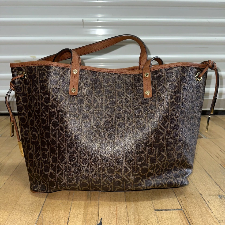 Calvin Klein Tote Bag Women's Brown Beige Embossed Monogram Dual Top Handle - Image 3 of 4