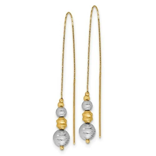 14k Yellow White Gold Dainty Chain Dangle Drop Beads fancy Threader Earrings - Image 4 of 4