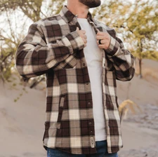 Dixxon Flannel Jacket Sherpa Lined Brown Cream Plaid Amarillo