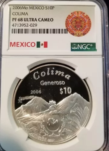 2006 MEXICO SILVER 10 PESOS COLIMA NGC PF 68 ULTRA CAMEO RARE GEM PROOF