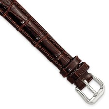 12mm 6.75" Brown Croc Style Leather Dark Stitch Silver-tone Buckle Watch Band