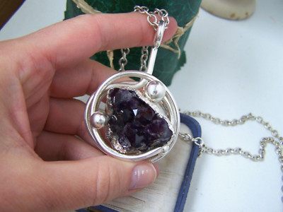 VINTAGE RIESIGE MASSIVE STERLINGSILBER ROHE AMETHYST GEODE ANHÄNGER 24'' HALSKETTE