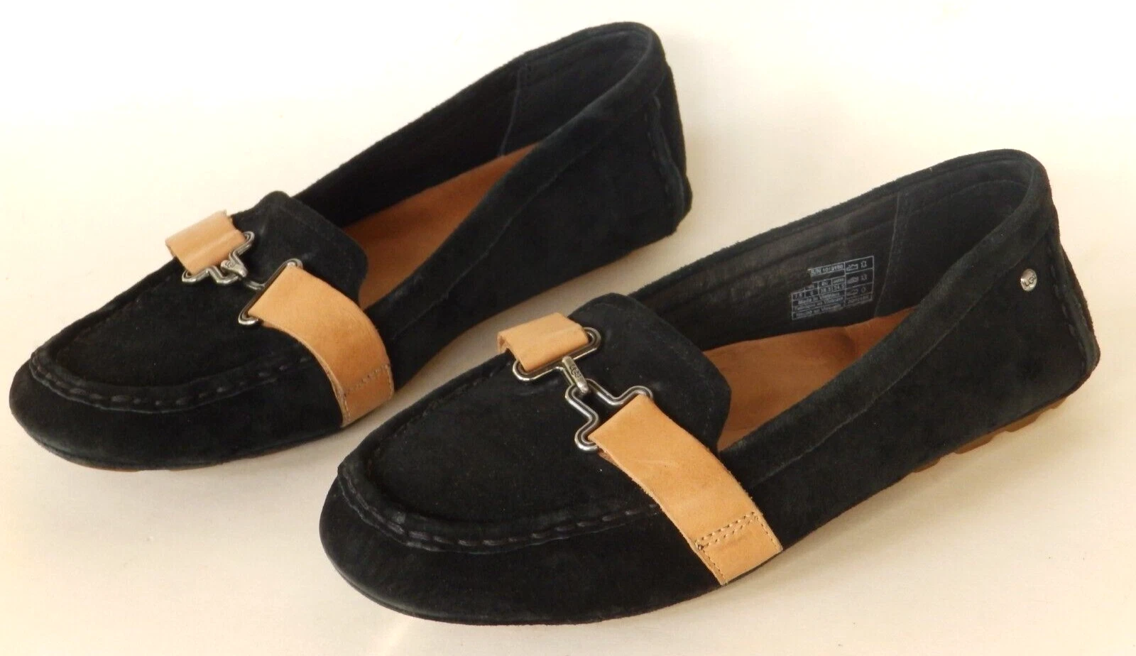 UGG Mocassini mocassini scarpe slip on in pelle scamosciata nera e marrone chiaro taglia 6 5 7 5