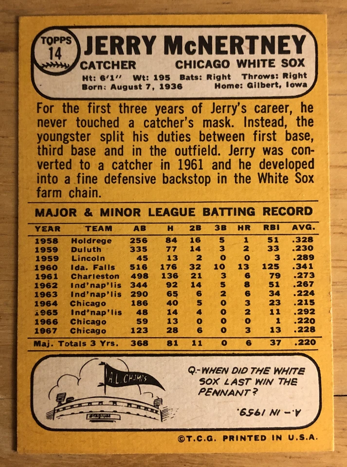 1968 Topps 1968 Jerry McNertney White Sox Catcher Mid-Grade - Image 2 of 2