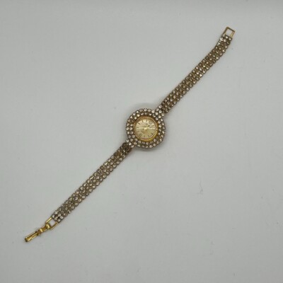 Vintage Le Montre Watch Womens Gold Tone Rhinestones New Battery Rare