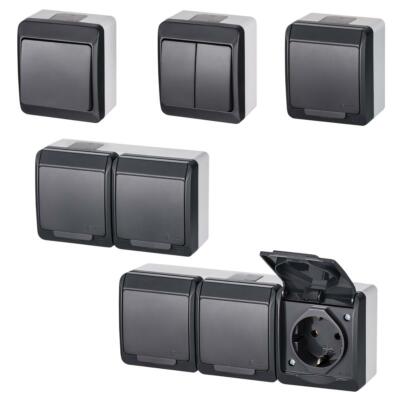Aufputz Lichtschalter Schuko Steckdosen  IP44 serie HERMES Farbe Anthrazit