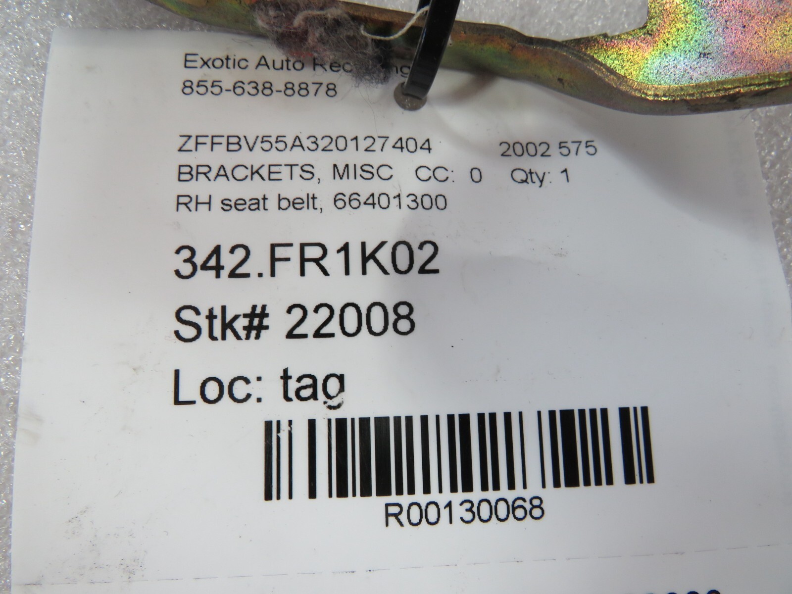 Ferrari 575, RH, Right, Seat Belt Bracket, Used, P/N 66401300
