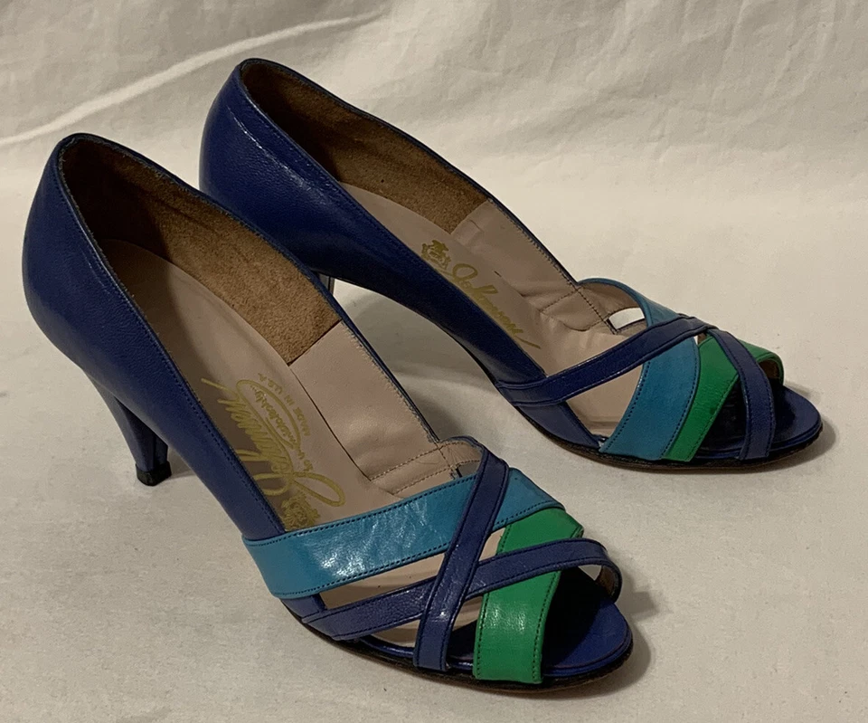 VTG Retro Johansen USA Leather Tri-Color Strappy Heels sz 6 Blue green Turquoise - Image 2 of 4