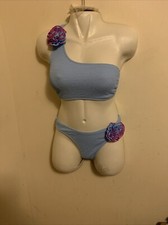 Ribbed Bikini Set Light Blue Color Size Small 3D Rose Floral One Shoulder Top