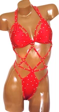 New rhinestone thong cage bodysuit and triangle top set stage wear costume Red