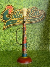 10.5" Lithograph Tin TOY HORN NOISE MAKER HANDLE TIP US METAL TOY MFG CO rare