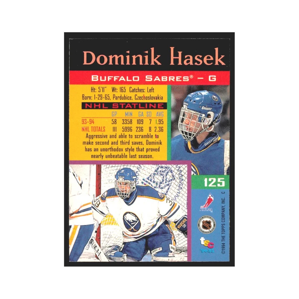 1994 Stadium Club Dominik Hasek Buffalo Sabres #125 - Image 2 of 3