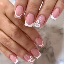 White French Tips With Heart Accent Press On Nails 24 Pcs