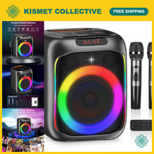 Portable Karaoke Machine with 2 Wireless Mics, 80W Bluetooth Speaker, LED Lights