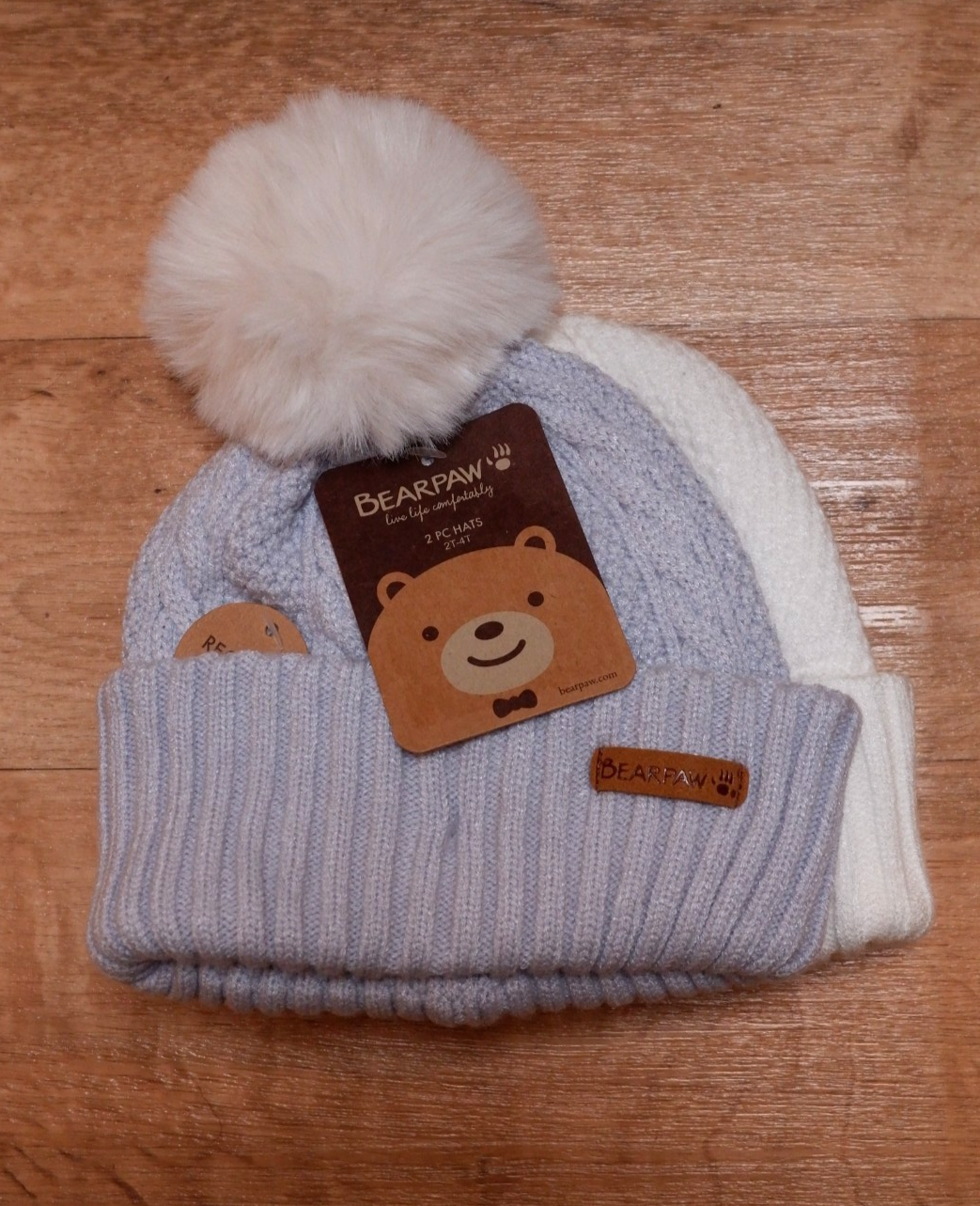 Bearpaw Kids Girls Knitted Bobble Beanie Hat 2 Pack Cream & Blue 2-4 Years BNWT
