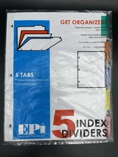 EPI 5 Tab Colored Dividers 3 Ring Binder Plastic Film File Folder Inserts Index