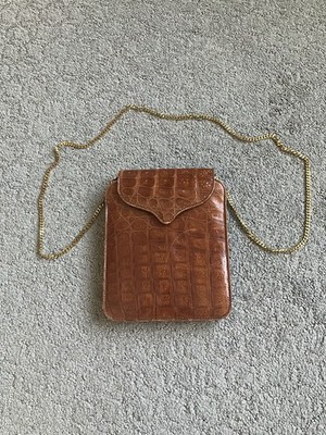 Vintage Oscar D Argent Brown Crocodile Skin Leather Purse w/ Gold Chain 6x7x1.5 