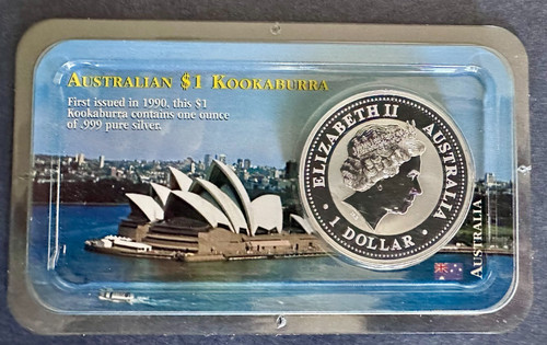 1990 Australia 1 Oz .999 Fine Silver Kookaburra $1 in Littleton Holder